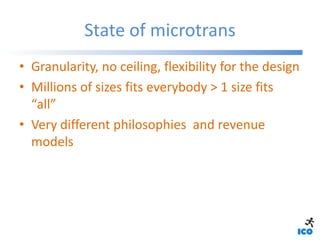 State of microtrans
• Granularity, no ceiling, flexibility for the design
• Millions of sizes fits everybody > 1 size fits...