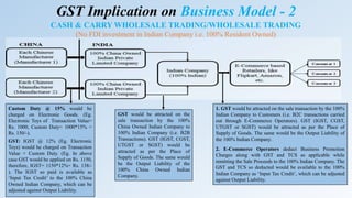 GST Implication on Business Model - 2
Custom Duty @ 15% would be
charged on Electronic Goods. (Eg.
Electronic Toys of Transaction Value=
Rs. 1000, Custom Duty= 1000*15% =
Rs. 150/-).
GST: IGST @ 12% (Eg. Electronic
Toys) would be charged on Transaction
Value + Custom Duty. (Eg. In above
case GST would be applied on Rs. 1150,
therefore, IGST= 1150*12%= Rs. 138/-
). The IGST so paid is available as
‘Input Tax Credit’ to the 100% China
Owned Indian Company, which can be
adjusted against Output Liability.
CASH & CARRY WHOLESALE TRADING/WHOLESALE TRADING
(No FDI investment in Indian Company i.e. 100% Resident Owned)
1. GST would be attracted on the sale transaction by the 100%
Indian Company to Customers (i.e. B2C transactions carried
out through E-Commerce Operators). GST (IGST, CGST,
UTGST or SGST) would be attracted as per the Place of
Supply of Goods. The same would be the Output Liability of
the 100% Indian Company.
2. E-Commerce Operators deduct Business Promotion
Charges along with GST and TCS as applicable while
remitting the Sale Proceeds to the 100% Indian Company. The
GST and TCS so deducted would be available to the 100%
Indian Company as ‘Input Tax Credit’, which can be adjusted
against Output Liability.
GST would be attracted on the
sale transaction by the 100%
China Owned Indian Company to
100% Indian Company (i.e. B2B
Transactions). GST (IGST, CGST,
UTGST or SGST) would be
attracted as per the Place of
Supply of Goods. The same would
be the Output Liability of the
100% China Owned Indian
Company.
 