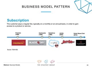 Webinar: Business Models 2424
BUSINESS MODEL PATTERN
Subscription
The customer pays a regular fee, typically on a monthly ...