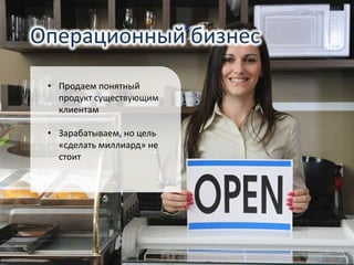 • Продаем понятный
продукт существующим
клиентам
• Зарабатываем, но цель
«сделать миллиард» не
стоит
Операционный бизнес
 