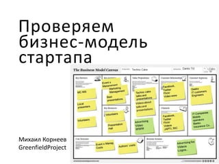 Проверяем
бизнес-модель
Михаил Корнеев
GreenfieldProject
стартапа
 