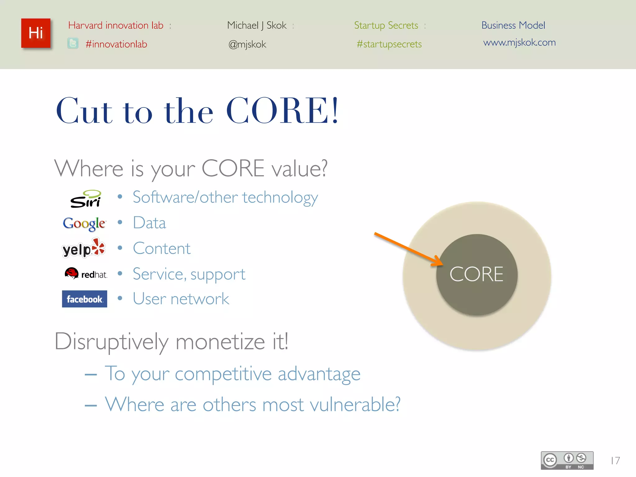 Harvard innovation lab :   Michael J Skok :   Startup Secrets :     Business Model
Hi                                                                        www.mjskok.com
         #innovationlab          @mjskok            #startupsecrets




     Cut to the CORE!
     Where is your CORE value?
                •   Software/other technology
                •   Data
                •   Content
                •   Service, support                                    COR
                •   User network                                        E

     Disruptively monetize it!
         – To your competitive advantage
         – Where are others most vulnerable?

                                                                                           17
 