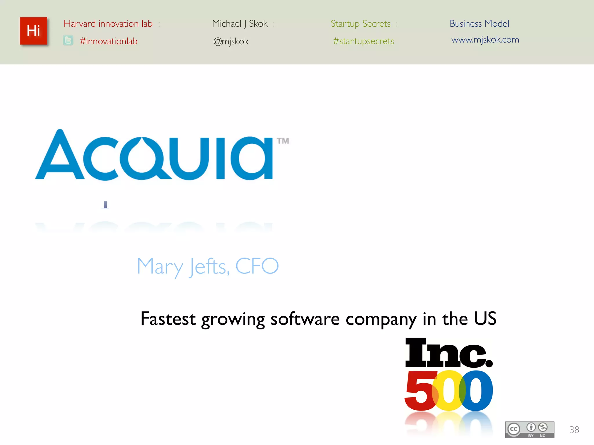 Harvard innovation lab :   Michael J Skok :   Startup Secrets :   Business Model
Hi                                                                     www.mjskok.com
        #innovationlab          @mjskok            #startupsecrets




     Acquia

                  Mary Jefts, CFO

                  Fastest growing software company in the US




                                                                                        38
 