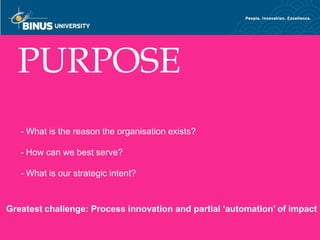 PURPOSE
   - What is the reason the organisation exists?

   - How can we best serve?

   - What is our strategic intent?



Greatest challenge: Process innovation and partial ‘automation’ of impact
   Bina Nusantara
 