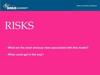 RISKS
- What are the most obvious risks associated with this model?

- What could get in the way?




Bina Nusantara
 