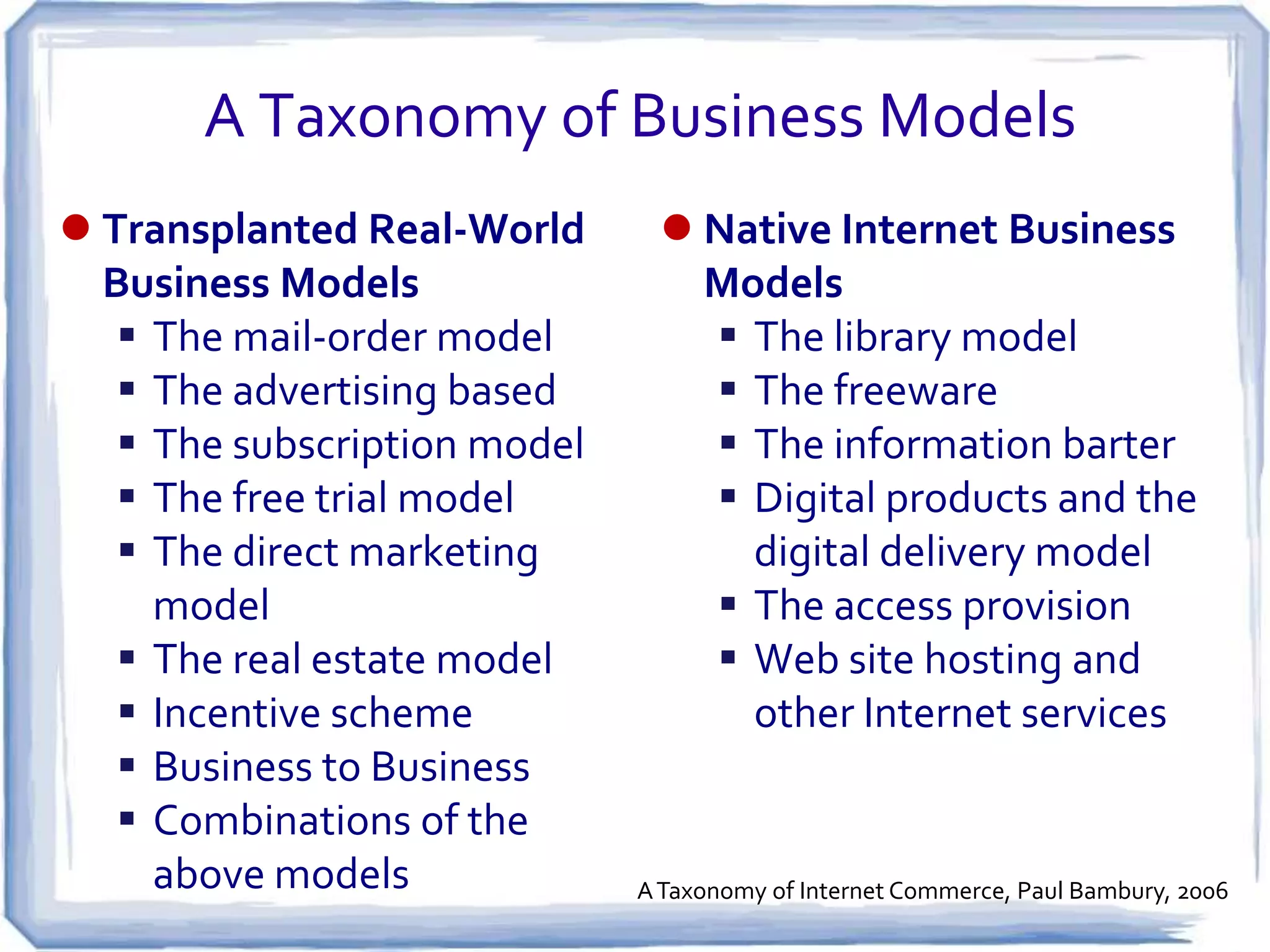 A Taxonomy of Business Models
 Transplanted Real-World        Native Internet Business
  Business Models                 Models
    The mail-order model          The library model
    The advertising based         The freeware
    The subscription model        The information barter
    The free trial model          Digital products and the
    The direct marketing           digital delivery model
     model                         The access provision
    The real estate model         Web site hosting and
    Incentive scheme               other Internet services
    Business to Business
    Combinations of the
     above models             A Taxonomy of Internet Commerce, Paul Bambury, 2006
 
