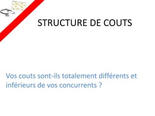 STRUCTURE DE COUTS




Vos couts sont-ils totalement différents et
inférieurs de vos concurrents ?
 
