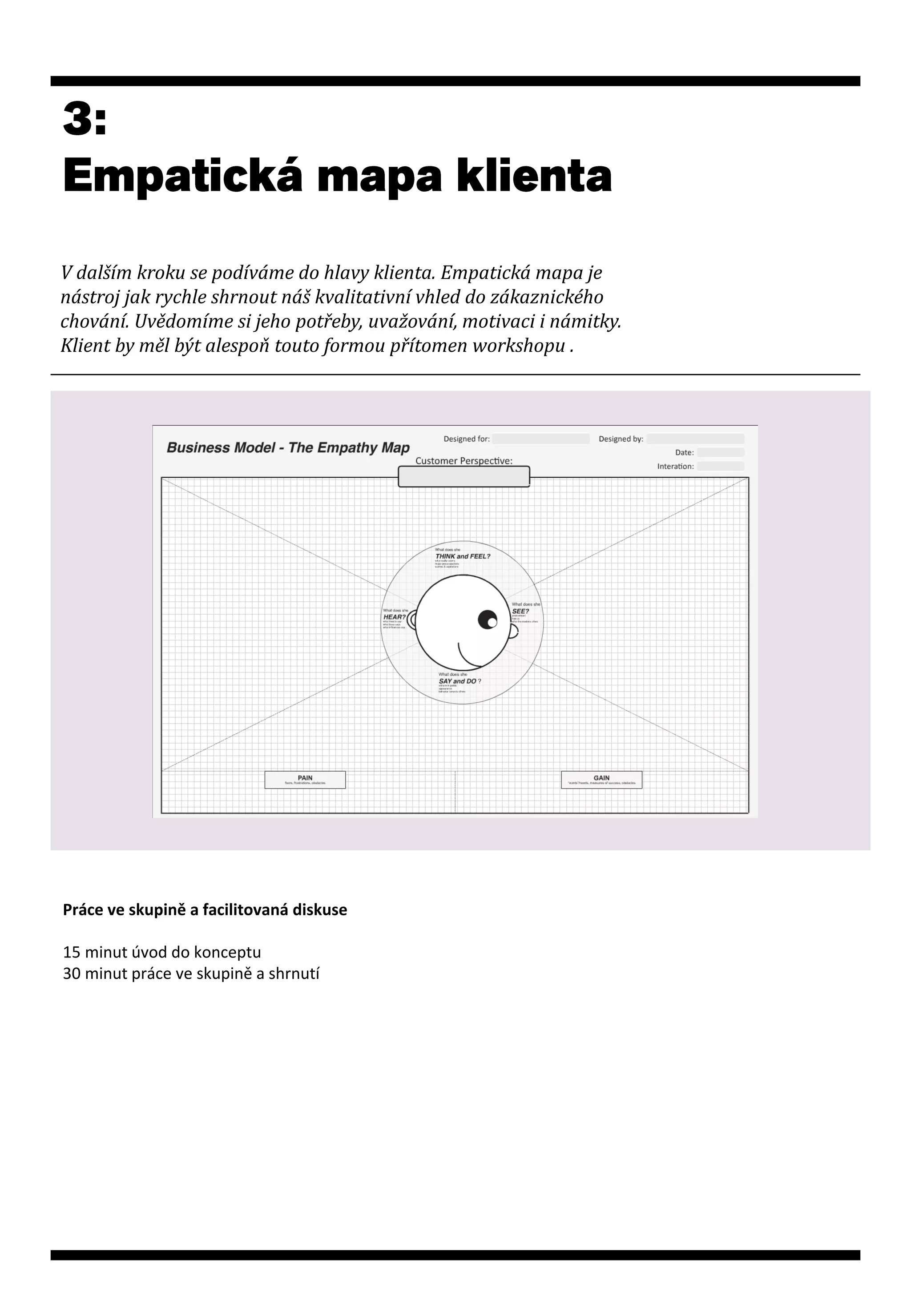 V dalším kroku se podíváme do hlavy klienta. Empatická mapa je
nástroj jak rychle shrnout náš kvalitativní vhled do zákaznického
chování. Uvědomíme si jeho potřeby, uvažování, motivaci i námitky.
Klient by měl být alespoň touto formou přítomen workshopu .




Práce ve skupině a facilitovaná diskuse

15 minut úvod do konceptu
30 minut práce ve skupině a shrnutí
 