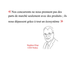 « Nos concurrents ne nous prennent pas des
parts de marché seulement avec des produits ; ils
nous dépassent grâce à tout un écosystème   »



               Stephen Elop
                CEO Nokia
 