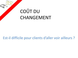COÛT DU
            CHANGEMENT


Est-il difficile pour clients d’aller voir ailleurs ?
 