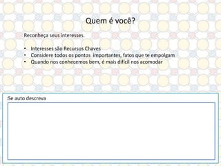 Quem é você?
Reconheça seus interesses.
• Interesses são Recursos Chaves
• Considere todos os pontos importantes, fatos que te empolgam
• Quando nos conhecemos bem, é mais difícil nos acomodar

:Se auto descreva

 