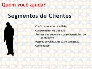 Quem você ajuda?

Chefe ou superior imediato
Companheiros de trabalho
Pessoas que dependem ou se beneficiam do
seu trabalho
Pessoas envolvidas na sua organização
Comunidade

 