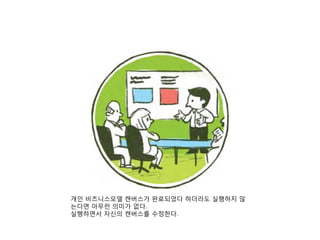 개인 비즈니스모델 캔버스가 완료되었다 하더라도 실행하지 않
는다면 아무런 의미가 없다.
실행하면서 자신의 캔버스를 수정한다.

 