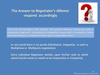 The Answer to Negotiator’s dillema:
          respond accordingly


The tit-for-tat strategy is the solution. This process involves starting out with a
cooperative approach: responding to competitive moves with a competitive move
and responding to a cooperative move with a cooperative move


   In real world there is no purely Distributive, Integrative as well as
   Multiphase or Multiparty negotiations

   Every individual Negotiator decides upon his/her style to which
   extent he/she wants or needs to be Cooperative or Competing



                                                                                              19
                                                                © Business Negotiations, Osvaldas Čiukšys
 