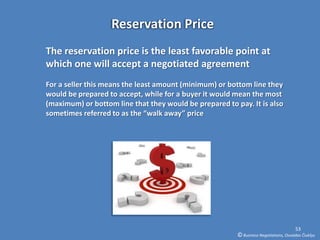Reservation Price
The reservation price is the least favorable point at
which one will accept a negotiated agreement
For a seller this means the least amount (minimum) or bottom line they
would be prepared to accept, while for a buyer it would mean the most
(maximum) or bottom line that they would be prepared to pay. It is also
sometimes referred to as the “walk away” price




                                                                                       53
                                                         © Business Negotiations, Osvaldas Čiukšys
 