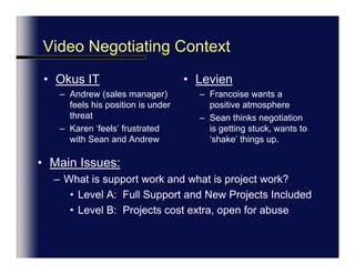 Culture and Tactics, P. 40Discuss the four individuals negotiating styleCompare them to the people in your groupLater, tell the class which of those negotiators you most identify with and why? (which one’s are more like your group).
