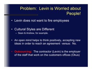 Video Negotiating ContextLevienFrancoise wants to save her staff’s jobs…Sean: Worried about the Works Council (Employee Union)Okus ITAndrew thinks he is giving up to muchKaren originally planned to only hire two of Levin’s staff.Current Issue:Staffing Okus offers to hire only two of Levin’s Staff: Manager & EngineerRemaining work projects would be done by Okus UK Staff