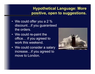 ExercisesP. 56, No 4Use the ideas to make offers and attach conditions.Offer;  Extend the contract     Condition: 1% DiscountWe could extend your contract as long as you offered us a 1% discount.P. 57, No 5Complete the dialogue using expressions from Language Focus (p. 56).We seem to have reached a stalemate. Were not going to  progress _________ you can make us a better offer. 