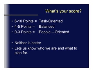 How Do You See Yourself? (p.2)i Meetings only purpose is to get things doneii Meetings are opportunities to develop relationshipsiI fell end of day frustration if my list not finishedii Feel “low” (sad) if have not got on with colleaguesScoring: 2 Points for every i		  0 Points for every ii,                 1 Point for every neither