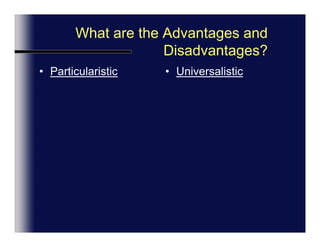 Chapter  2: Setting the AgendaCulture and TacticsWork in Pair’sRead “Universalist” or “Particularistic” Where do you fit?  More Univ. or Part.?What are advantages of each?UniversalisticOne correct wayFollow same procedure alwaysParticularisticAdapt to each situationProcess is customized