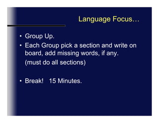 ClipVersion 1: No SoundEN Chapter 3 Version 1.aviwatch body language		both presenter and audienceVersion 1: SoundEN Chapter 3 Version 1.avi		What should Andrew do?		Start/stopVersion 2:  No SoundEN Chapter 3 Version 2.avi		watch changes		note style		Pauses to check for  	audience agreement, 	confirmationAndrew’s Presentation Style…How to Improve?