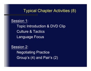 Typical Chapter Activities (8)Session 1:	Topic Introduction & DVD Clip	International Culture & Tactics	Language FocusSession 2:	Negotiating Practice 	Group’s (4) and Pair’s (2)