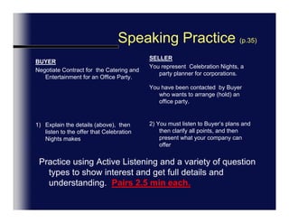 Speaking Practice (p.35)SELLERYou represent  Celebration Nights, a party planner for corporations.You have been contacted  by Buyer who wants to arrange (hold) an office party.You must listen to Buyer’s plans and then clarify all points, and then present what your company can offerConfirm throughout your talkBUYERNegotiate Contract for  the Catering and Entertainment for an Office Party.Explain the details (above),  then listen to the offer that Celebration Nights makesCheck for understanding throughoutPractice using Active Listening and a variety of question types to show interest and get full details and understanding.  Pairs 2.5 min each.