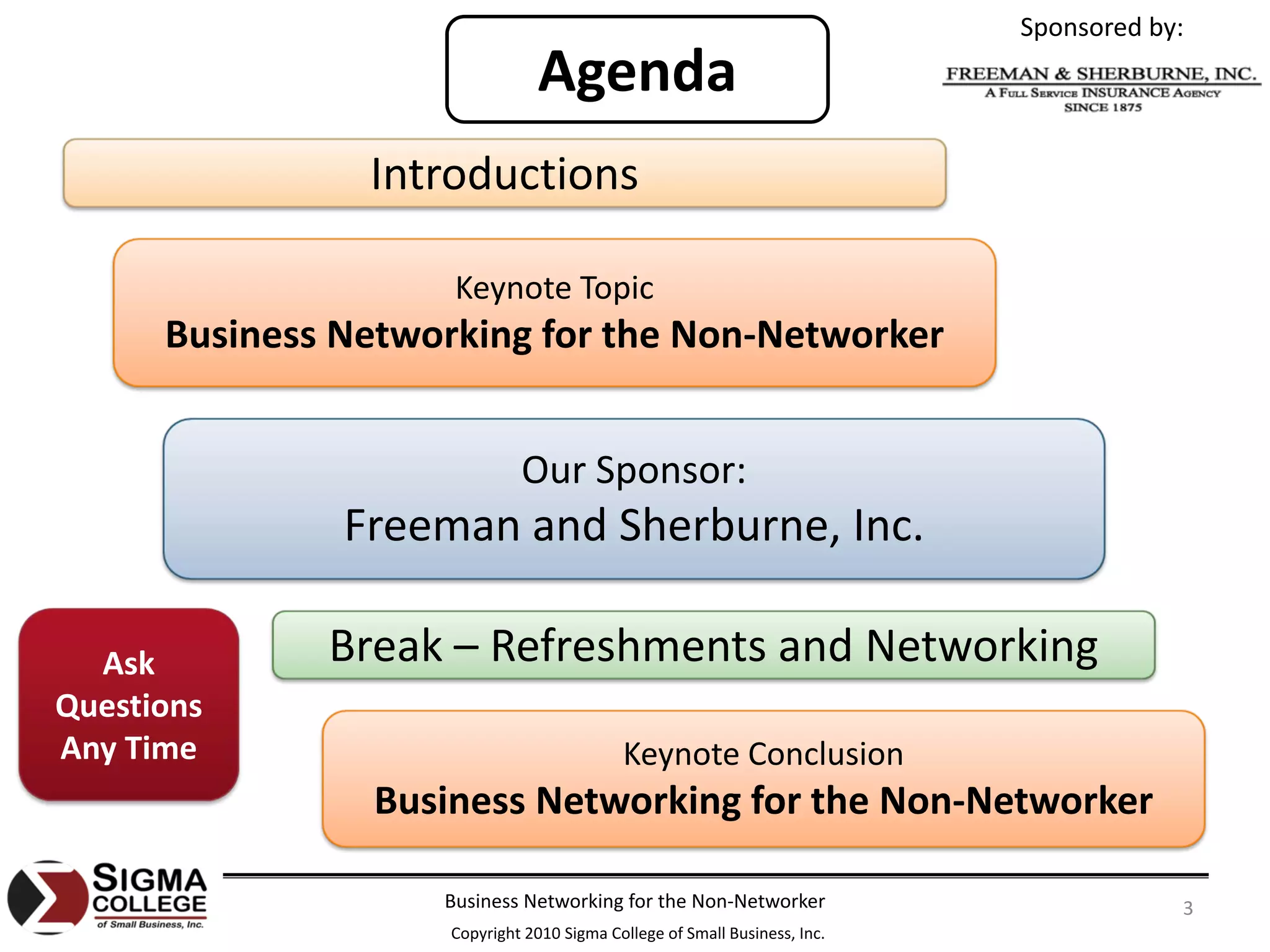 Sponsored by:
                                  Agenda
                 Introductions

                      Keynote Topic
       Business Networking for the Non‐Networker


                               Our Sponsor:
                Freeman and Sherburne, Inc.

  Ask          Break – Refreshments and Networking
Questions 
Any Time                                     Keynote Conclusion
                  Business Networking for the Non‐Networker

                     Business Networking for the Non‐Networker                           3
                      Copyright 2010 Sigma College of Small Business, Inc.
 