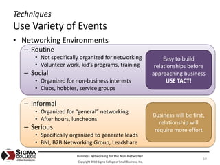 Techniques
Use Variety of Events
• Networking Environments
  – Routine 
     • Not specifically organized for networking                                  Easy to build 
     • Volunteer work, kid’s programs, training                               relationships before 
  – Social                                                                   approaching business
     • Organized for non‐business interests                                        USE TACT!
     • Clubs, hobbies, service groups

  – Informal
     • Organized for “general” networking
                                                                             Business will be first, 
     • After hours, luncheons
                                                                                relationship will 
  – Serious                                                                   require more effort
     • Specifically organized to generate leads
     • BNI, B2B Networking Group, Leadshare

                      Business Networking for the Non‐Networker
                                                                                                   10
                      Copyright 2010 Sigma College of Small Business, Inc.
 