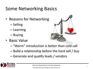 Some Networking Basics
• Reasons for Networking
  – Selling
  – Learning
  – Buying
• Basic Value
  – “Warm” introduction is better than cold call
  – Build a relationship before the hard sell / buy
  – Generate and qualify leads / vendors

                 Business Networking for the Non‐Networker
                                                                         5
                  Copyright 2010 Sigma College of Small Business, Inc.
 