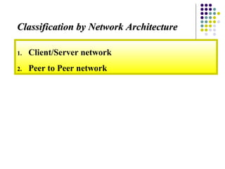 1. Client/Server network
2. Peer to Peer network
Classification by Network ArchitectureClassification by Network Architecture
 