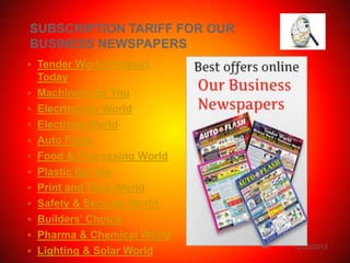 SUBSCRIPTION TARIFF FOR OUR
BUSINESS NEWSPAPERS
 Tender World-Product














Today
Machinery for You
Elecrtronics World
Electrical World
Auto Flash
Food & Processing World
Plastic for You
Print and Pack World
Safety & Security World
Builders’ Choice
Pharma & Chemical World
Lighting & Solar World

12/25/2013

 