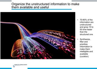 Organize the unstructured information to make
them available and useful
•  70-80% of the
information are
unstructured
and grow 10 to
50 time faster
than the
structured one
•  Synthesize,
filter and
prioritize
information to
make them
intelligible and
available
(curation)
 