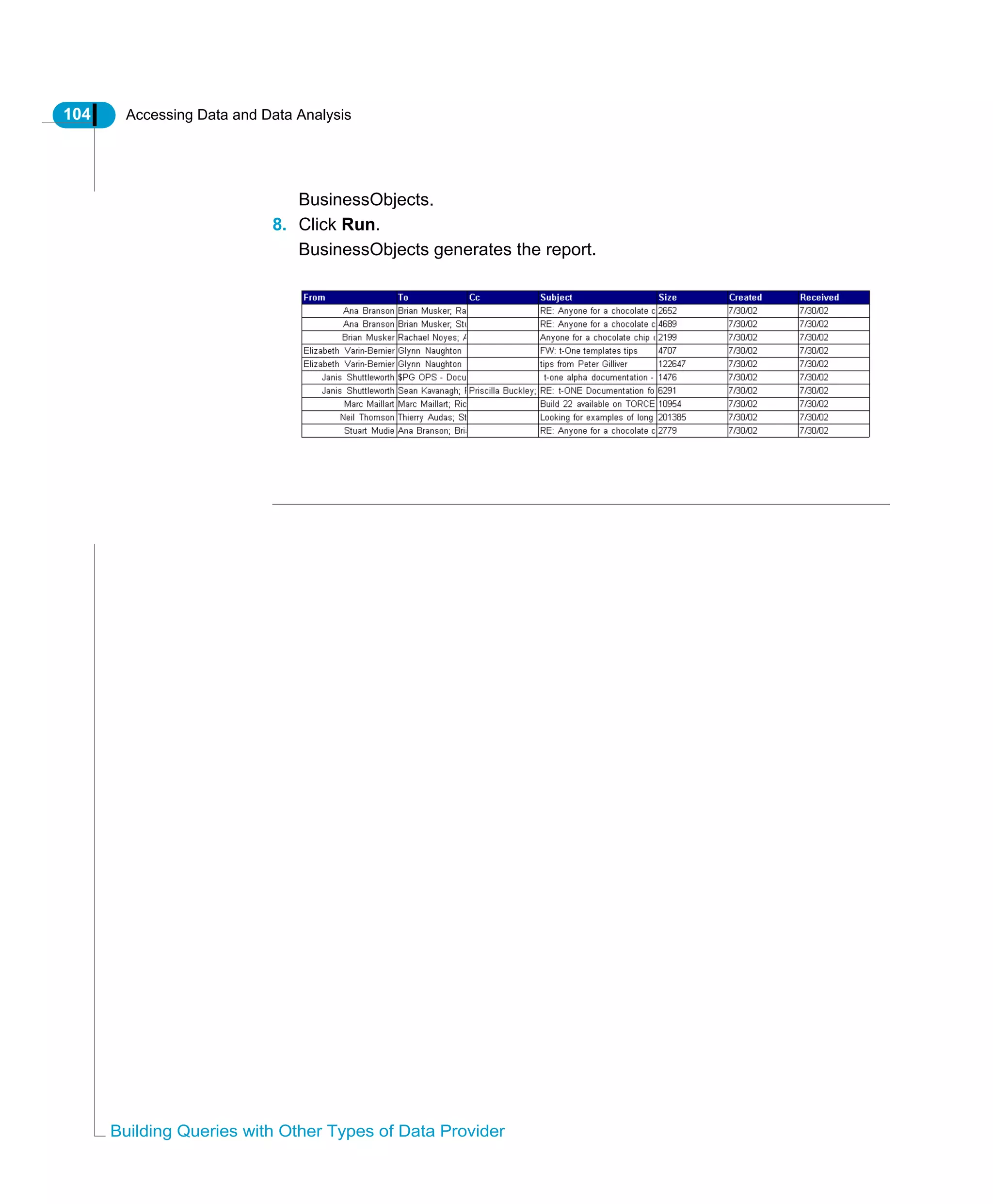 104 Accessing Data and Data Analysis
Building Queries with Other Types of Data Provider
BusinessObjects.
8. Click Run.
BusinessObjects generates the report.
 