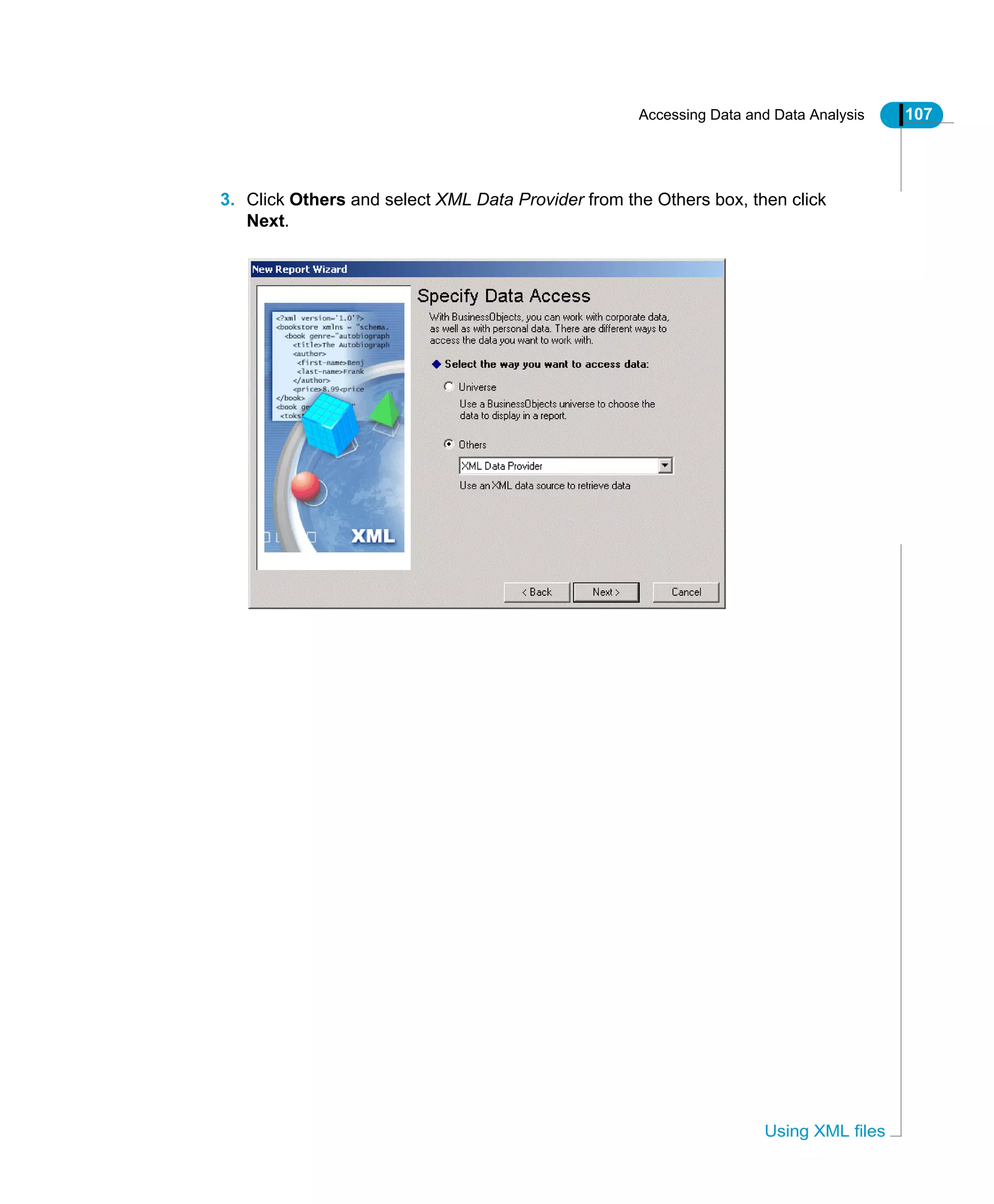 Accessing Data and Data Analysis 107
Using XML files
3. Click Others and select XML Data Provider from the Others box, then click
Next.
 
