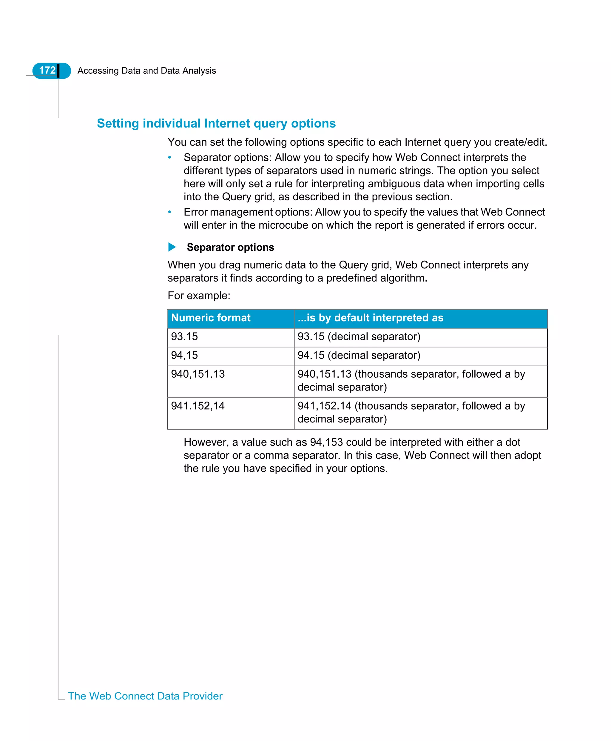 172 Accessing Data and Data Analysis
The Web Connect Data Provider
Setting individual Internet query options
You can set the following options specific to each Internet query you create/edit.
• Separator options: Allow you to specify how Web Connect interprets the
different types of separators used in numeric strings. The option you select
here will only set a rule for interpreting ambiguous data when importing cells
into the Query grid, as described in the previous section.
• Error management options: Allow you to specify the values that Web Connect
will enter in the microcube on which the report is generated if errors occur.
Separator options
When you drag numeric data to the Query grid, Web Connect interprets any
separators it finds according to a predefined algorithm.
For example:
However, a value such as 94,153 could be interpreted with either a dot
separator or a comma separator. In this case, Web Connect will then adopt
the rule you have specified in your options.
Numeric format ...is by default interpreted as
93.15 93.15 (decimal separator)
94,15 94.15 (decimal separator)
940,151.13 940,151.13 (thousands separator, followed a by
decimal separator)
941.152,14 941,152.14 (thousands separator, followed a by
decimal separator)
 