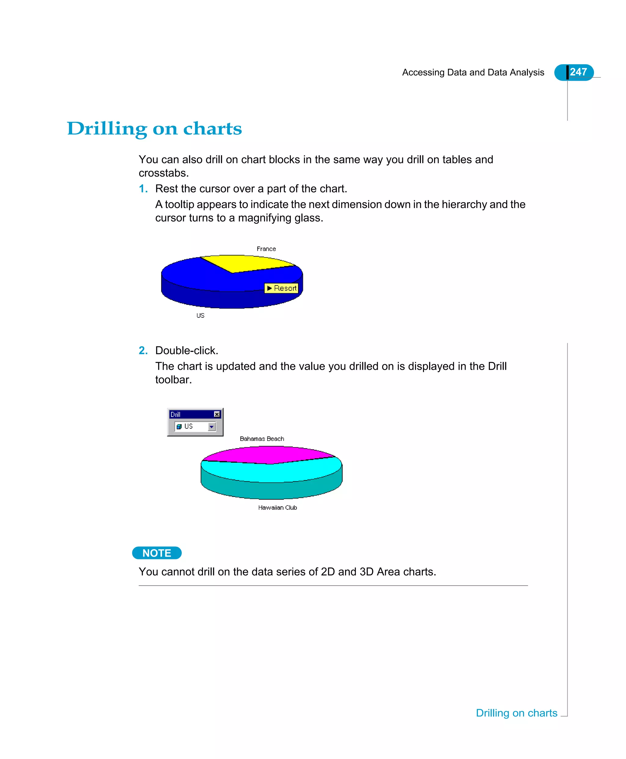 Accessing Data and Data Analysis 247
Drilling on charts
Drilling on charts
You can also drill on chart blocks in the same way you drill on tables and
crosstabs.
1. Rest the cursor over a part of the chart.
A tooltip appears to indicate the next dimension down in the hierarchy and the
cursor turns to a magnifying glass.
2. Double-click.
The chart is updated and the value you drilled on is displayed in the Drill
toolbar.
NOTE
You cannot drill on the data series of 2D and 3D Area charts.
 
