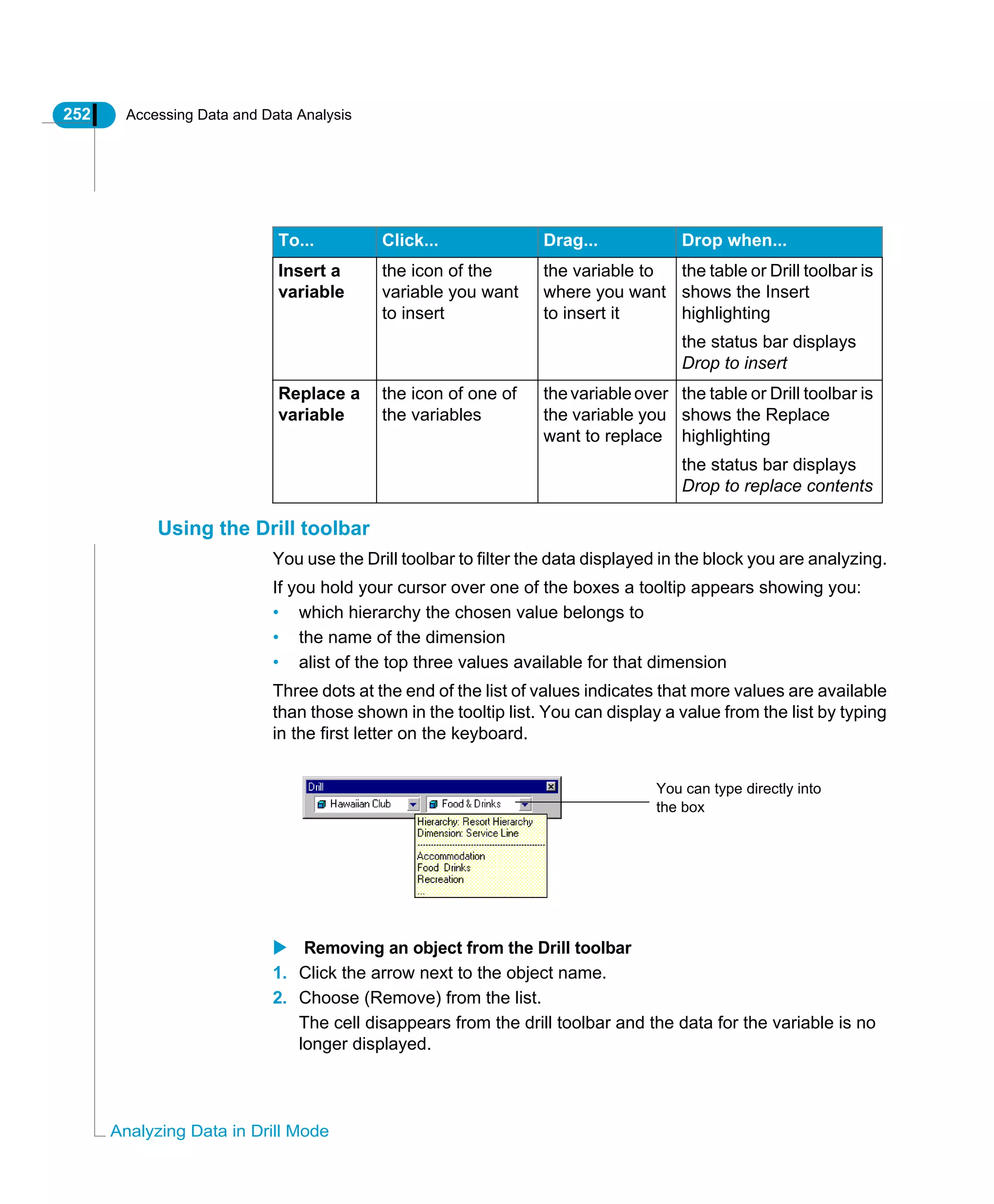 252 Accessing Data and Data Analysis
Analyzing Data in Drill Mode
Using the Drill toolbar
You use the Drill toolbar to filter the data displayed in the block you are analyzing.
If you hold your cursor over one of the boxes a tooltip appears showing you:
• which hierarchy the chosen value belongs to
• the name of the dimension
• alist of the top three values available for that dimension
Three dots at the end of the list of values indicates that more values are available
than those shown in the tooltip list. You can display a value from the list by typing
in the first letter on the keyboard.
Removing an object from the Drill toolbar
1. Click the arrow next to the object name.
2. Choose (Remove) from the list.
The cell disappears from the drill toolbar and the data for the variable is no
longer displayed.
To... Click... Drag... Drop when...
Insert a
variable
the icon of the
variable you want
to insert
the variable to
where you want
to insert it
the table or Drill toolbar is
shows the Insert
highlighting
the status bar displays
Drop to insert
Replace a
variable
the icon of one of
the variables
thevariableover
the variable you
want to replace
the table or Drill toolbar is
shows the Replace
highlighting
the status bar displays
Drop to replace contents
You can type directly into
the box
 