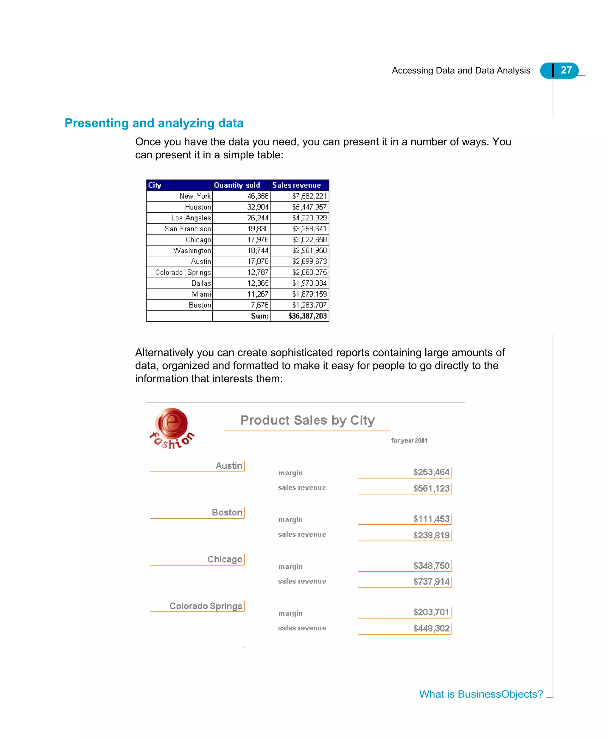 Accessing Data and Data Analysis 27
What is BusinessObjects?
Presenting and analyzing data
Once you have the data you need, you can present it in a number of ways. You
can present it in a simple table:
Alternatively you can create sophisticated reports containing large amounts of
data, organized and formatted to make it easy for people to go directly to the
information that interests them:
 
