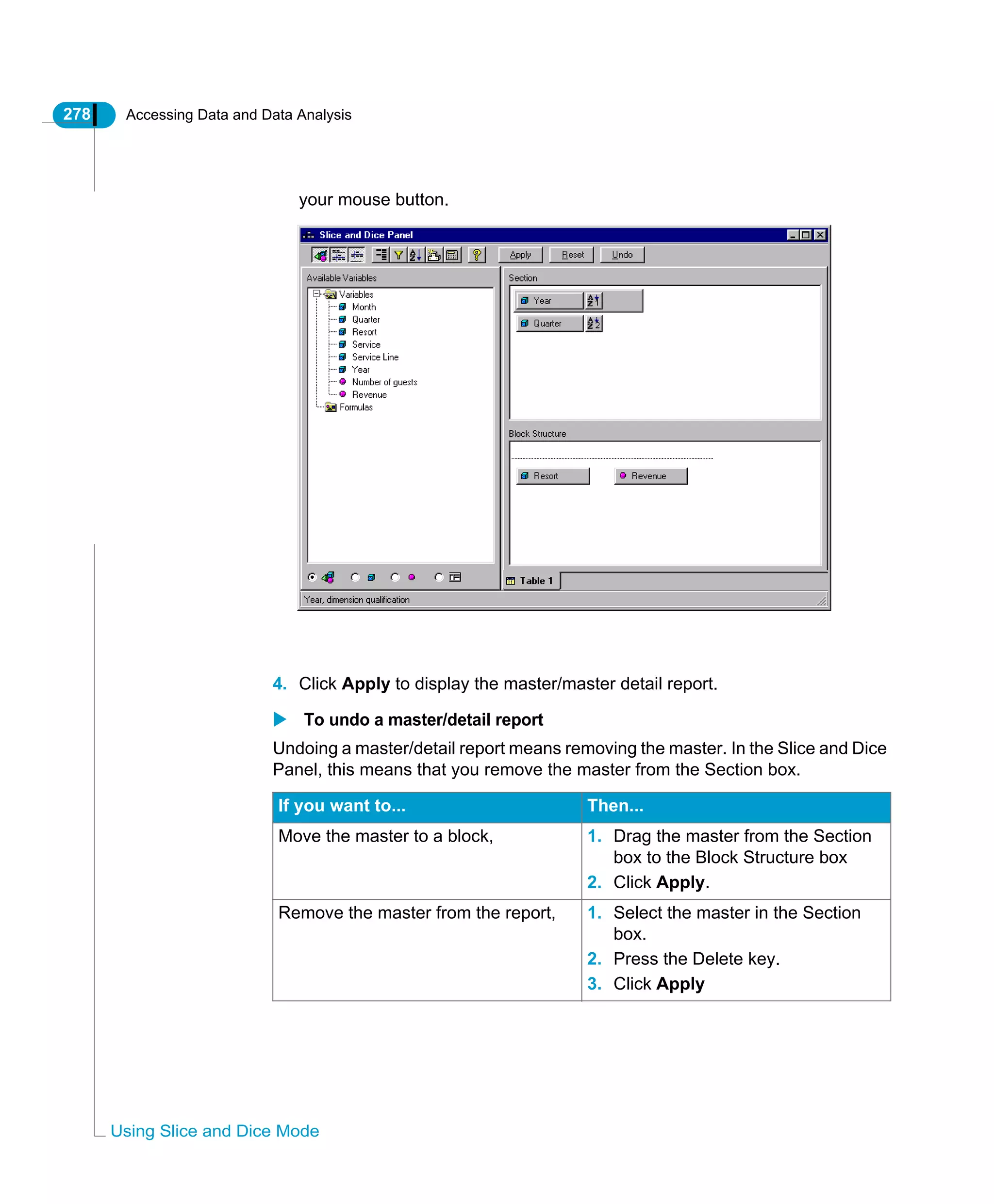 278 Accessing Data and Data Analysis
Using Slice and Dice Mode
your mouse button.
4. Click Apply to display the master/master detail report.
To undo a master/detail report
Undoing a master/detail report means removing the master. In the Slice and Dice
Panel, this means that you remove the master from the Section box.
If you want to... Then...
Move the master to a block, 1. Drag the master from the Section
box to the Block Structure box
2. Click Apply.
Remove the master from the report, 1. Select the master in the Section
box.
2. Press the Delete key.
3. Click Apply
 