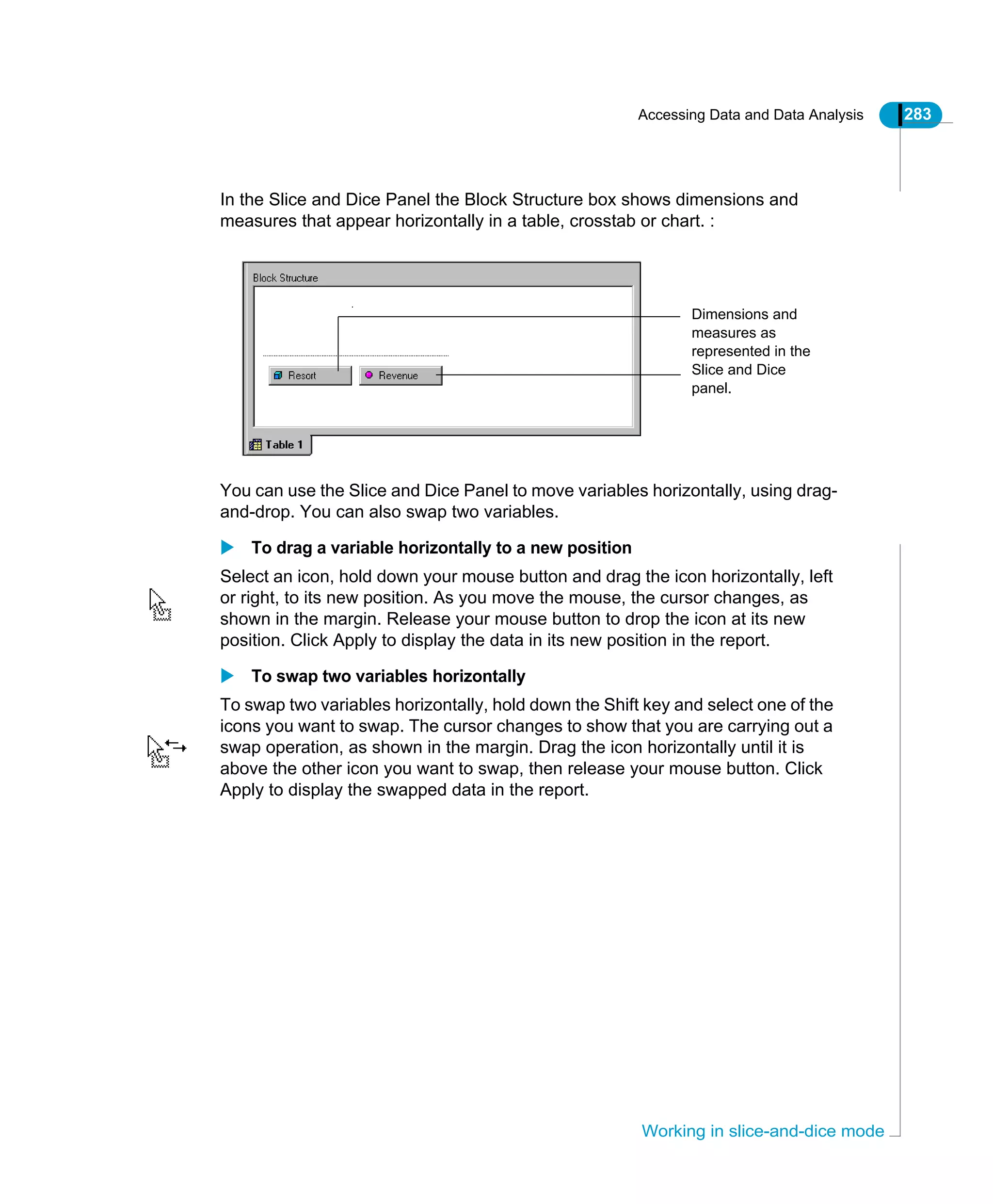 Accessing Data and Data Analysis 283
Working in slice-and-dice mode
In the Slice and Dice Panel the Block Structure box shows dimensions and
measures that appear horizontally in a table, crosstab or chart. :
You can use the Slice and Dice Panel to move variables horizontally, using drag-
and-drop. You can also swap two variables.
To drag a variable horizontally to a new position
Select an icon, hold down your mouse button and drag the icon horizontally, left
or right, to its new position. As you move the mouse, the cursor changes, as
shown in the margin. Release your mouse button to drop the icon at its new
position. Click Apply to display the data in its new position in the report.
To swap two variables horizontally
To swap two variables horizontally, hold down the Shift key and select one of the
icons you want to swap. The cursor changes to show that you are carrying out a
swap operation, as shown in the margin. Drag the icon horizontally until it is
above the other icon you want to swap, then release your mouse button. Click
Apply to display the swapped data in the report.
Dimensions and
measures as
represented in the
Slice and Dice
panel.
 