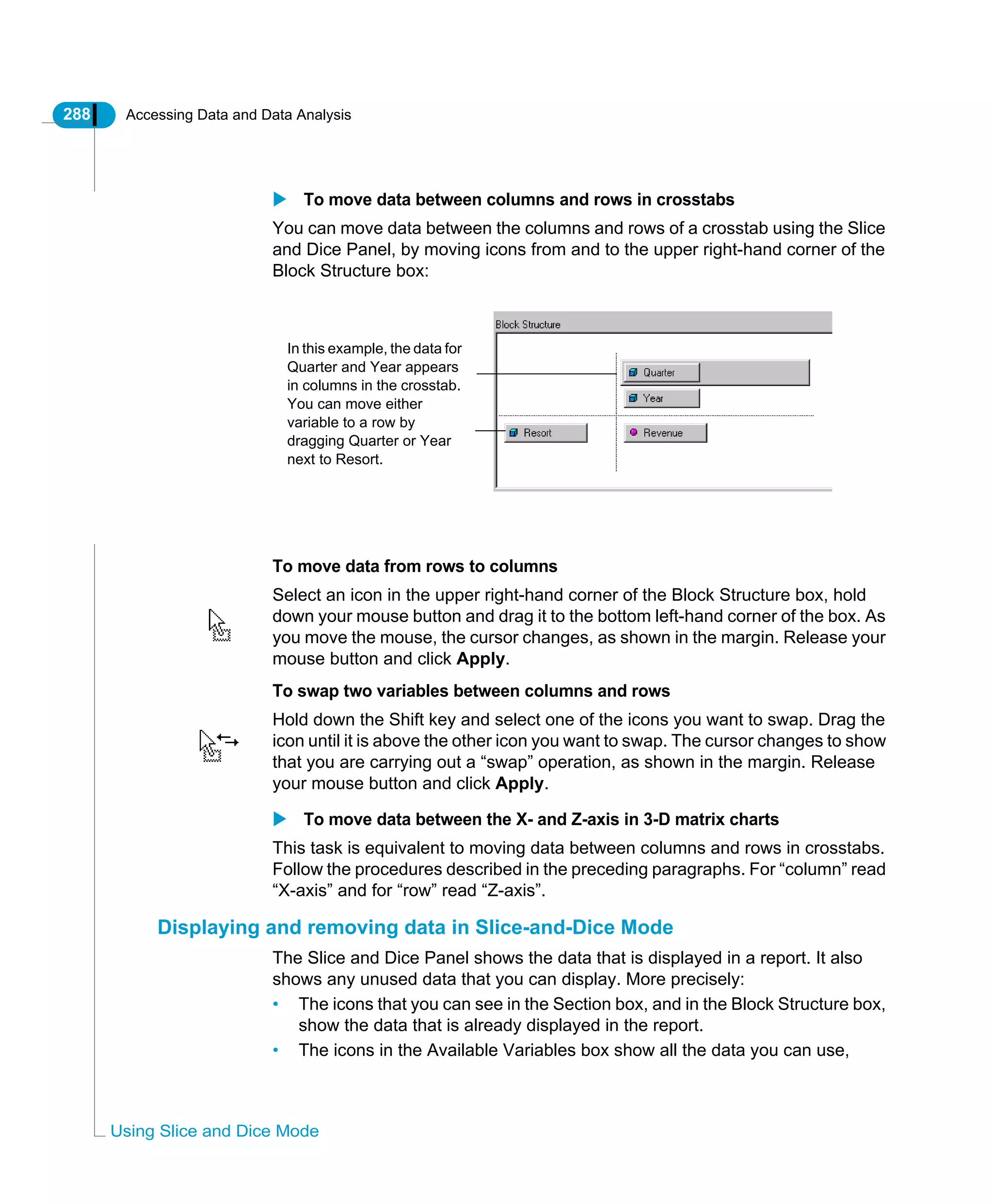288 Accessing Data and Data Analysis
Using Slice and Dice Mode
To move data between columns and rows in crosstabs
You can move data between the columns and rows of a crosstab using the Slice
and Dice Panel, by moving icons from and to the upper right-hand corner of the
Block Structure box:
To move data from rows to columns
Select an icon in the upper right-hand corner of the Block Structure box, hold
down your mouse button and drag it to the bottom left-hand corner of the box. As
you move the mouse, the cursor changes, as shown in the margin. Release your
mouse button and click Apply.
To swap two variables between columns and rows
Hold down the Shift key and select one of the icons you want to swap. Drag the
icon until it is above the other icon you want to swap. The cursor changes to show
that you are carrying out a “swap” operation, as shown in the margin. Release
your mouse button and click Apply.
To move data between the X- and Z-axis in 3-D matrix charts
This task is equivalent to moving data between columns and rows in crosstabs.
Follow the procedures described in the preceding paragraphs. For “column” read
“X-axis” and for “row” read “Z-axis”.
Displaying and removing data in Slice-and-Dice Mode
The Slice and Dice Panel shows the data that is displayed in a report. It also
shows any unused data that you can display. More precisely:
• The icons that you can see in the Section box, and in the Block Structure box,
show the data that is already displayed in the report.
• The icons in the Available Variables box show all the data you can use,
In this example, the data for
Quarter and Year appears
in columns in the crosstab.
You can move either
variable to a row by
dragging Quarter or Year
next to Resort.
 
