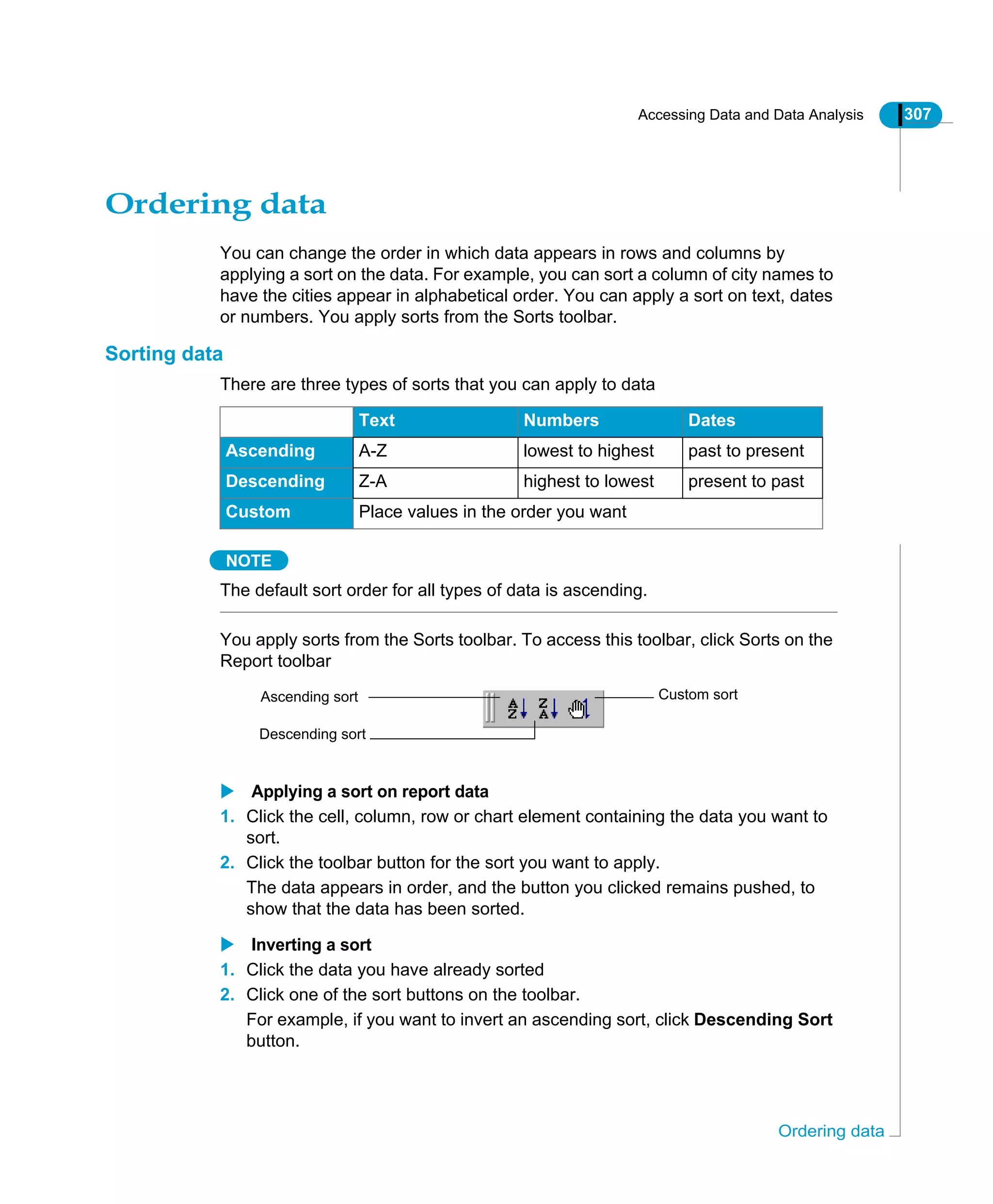 Accessing Data and Data Analysis 307
Ordering data
Ordering data
You can change the order in which data appears in rows and columns by
applying a sort on the data. For example, you can sort a column of city names to
have the cities appear in alphabetical order. You can apply a sort on text, dates
or numbers. You apply sorts from the Sorts toolbar.
Sorting data
There are three types of sorts that you can apply to data
NOTE
The default sort order for all types of data is ascending.
You apply sorts from the Sorts toolbar. To access this toolbar, click Sorts on the
Report toolbar
Applying a sort on report data
1. Click the cell, column, row or chart element containing the data you want to
sort.
2. Click the toolbar button for the sort you want to apply.
The data appears in order, and the button you clicked remains pushed, to
show that the data has been sorted.
Inverting a sort
1. Click the data you have already sorted
2. Click one of the sort buttons on the toolbar.
For example, if you want to invert an ascending sort, click Descending Sort
button.
Text Numbers Dates
Ascending A-Z lowest to highest past to present
Descending Z-A highest to lowest present to past
Custom Place values in the order you want
Ascending sort
Descending sort
Custom sort
 