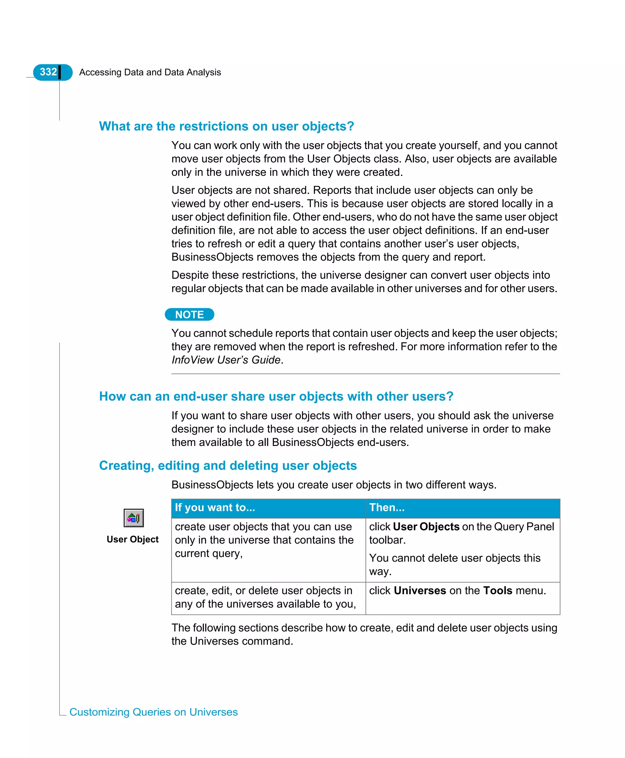 332 Accessing Data and Data Analysis
Customizing Queries on Universes
What are the restrictions on user objects?
You can work only with the user objects that you create yourself, and you cannot
move user objects from the User Objects class. Also, user objects are available
only in the universe in which they were created.
User objects are not shared. Reports that include user objects can only be
viewed by other end-users. This is because user objects are stored locally in a
user object definition file. Other end-users, who do not have the same user object
definition file, are not able to access the user object definitions. If an end-user
tries to refresh or edit a query that contains another user’s user objects,
BusinessObjects removes the objects from the query and report.
Despite these restrictions, the universe designer can convert user objects into
regular objects that can be made available in other universes and for other users.
NOTE
You cannot schedule reports that contain user objects and keep the user objects;
they are removed when the report is refreshed. For more information refer to the
InfoView User’s Guide.
How can an end-user share user objects with other users?
If you want to share user objects with other users, you should ask the universe
designer to include these user objects in the related universe in order to make
them available to all BusinessObjects end-users.
Creating, editing and deleting user objects
BusinessObjects lets you create user objects in two different ways.
The following sections describe how to create, edit and delete user objects using
the Universes command.
If you want to... Then...
create user objects that you can use
only in the universe that contains the
current query,
click User Objects on the Query Panel
toolbar.
You cannot delete user objects this
way.
create, edit, or delete user objects in
any of the universes available to you,
click Universes on the Tools menu.
User Object
 