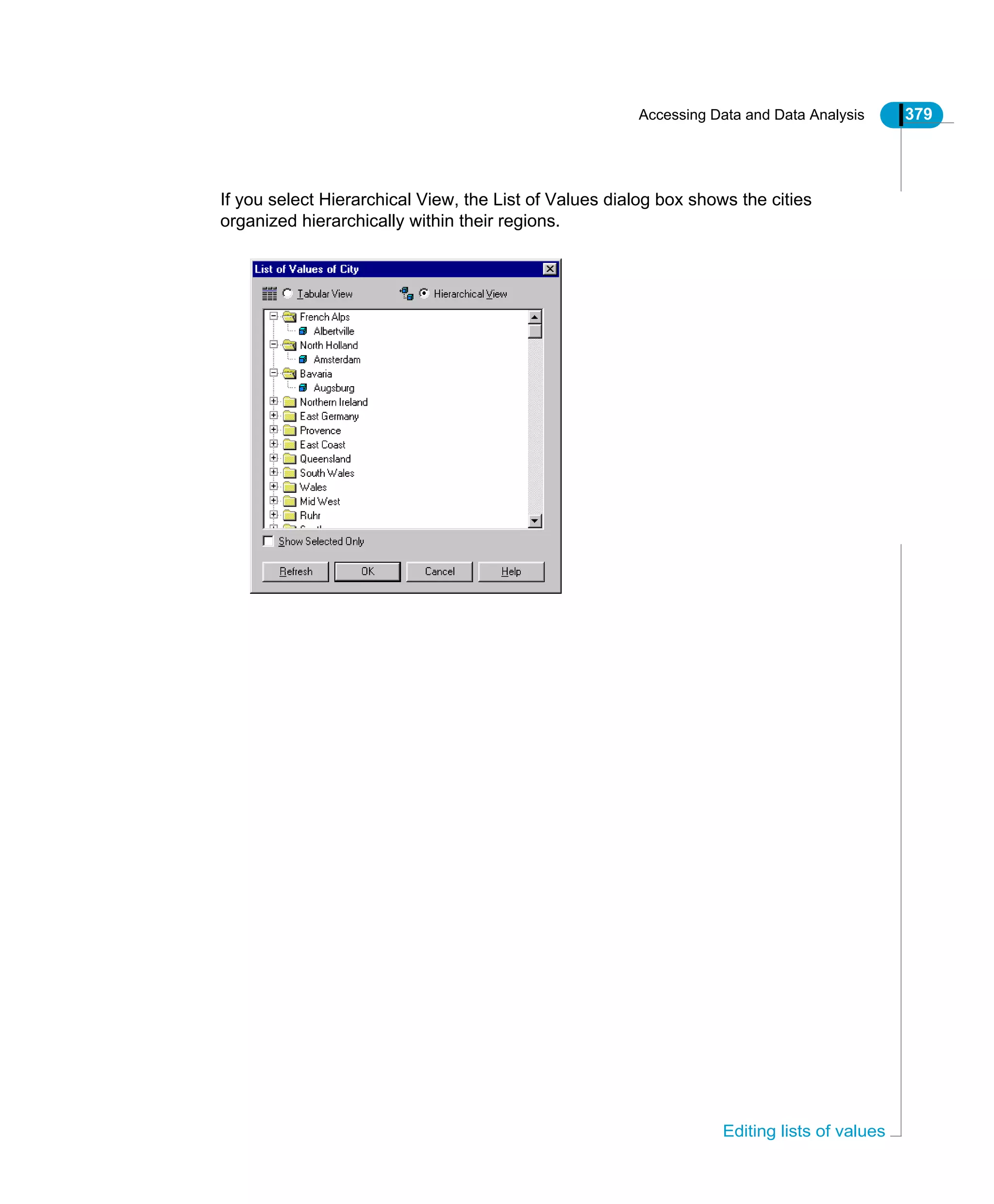 Accessing Data and Data Analysis 379
Editing lists of values
If you select Hierarchical View, the List of Values dialog box shows the cities
organized hierarchically within their regions.
 