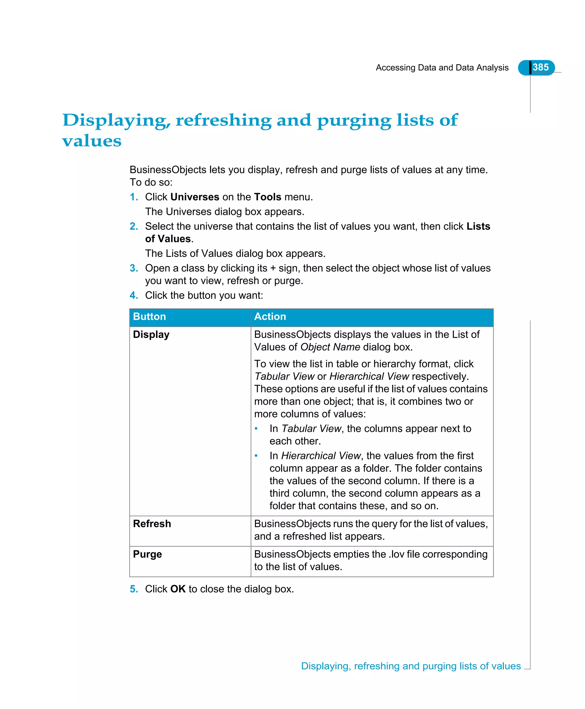 Accessing Data and Data Analysis 385
Displaying, refreshing and purging lists of values
Displaying, refreshing and purging lists of
values
BusinessObjects lets you display, refresh and purge lists of values at any time.
To do so:
1. Click Universes on the Tools menu.
The Universes dialog box appears.
2. Select the universe that contains the list of values you want, then click Lists
of Values.
The Lists of Values dialog box appears.
3. Open a class by clicking its + sign, then select the object whose list of values
you want to view, refresh or purge.
4. Click the button you want:
5. Click OK to close the dialog box.
Button Action
Display BusinessObjects displays the values in the List of
Values of Object Name dialog box.
To view the list in table or hierarchy format, click
Tabular View or Hierarchical View respectively.
These options are useful if the list of values contains
more than one object; that is, it combines two or
more columns of values:
• In Tabular View, the columns appear next to
each other.
• In Hierarchical View, the values from the first
column appear as a folder. The folder contains
the values of the second column. If there is a
third column, the second column appears as a
folder that contains these, and so on.
Refresh BusinessObjects runs the query for the list of values,
and a refreshed list appears.
Purge BusinessObjects empties the .lov file corresponding
to the list of values.
 