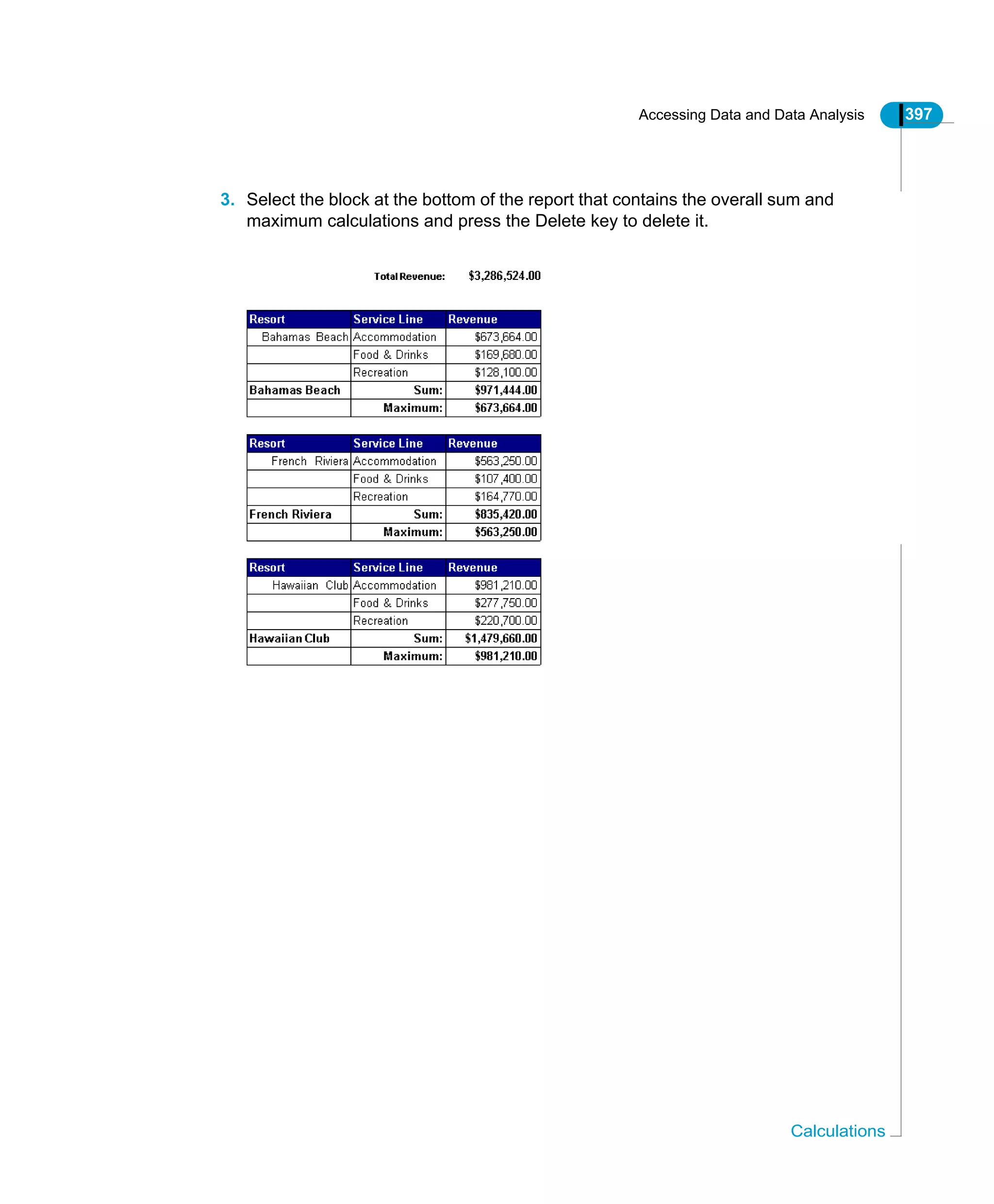 Accessing Data and Data Analysis 397
Calculations
3. Select the block at the bottom of the report that contains the overall sum and
maximum calculations and press the Delete key to delete it.
 