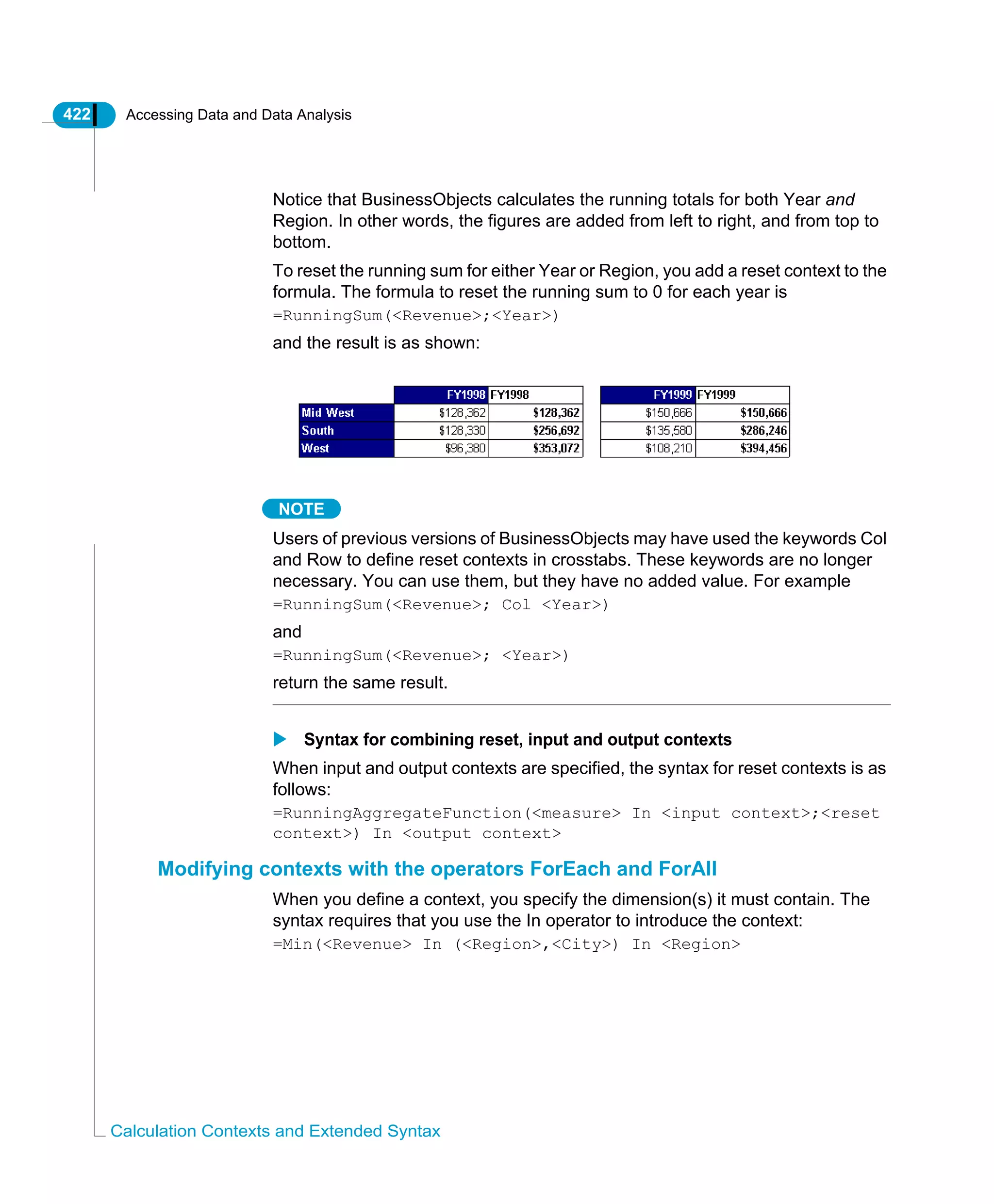 422 Accessing Data and Data Analysis
Calculation Contexts and Extended Syntax
Notice that BusinessObjects calculates the running totals for both Year and
Region. In other words, the figures are added from left to right, and from top to
bottom.
To reset the running sum for either Year or Region, you add a reset context to the
formula. The formula to reset the running sum to 0 for each year is
=RunningSum(<Revenue>;<Year>)
and the result is as shown:
NOTE
Users of previous versions of BusinessObjects may have used the keywords Col
and Row to define reset contexts in crosstabs. These keywords are no longer
necessary. You can use them, but they have no added value. For example
=RunningSum(<Revenue>; Col <Year>)
and
=RunningSum(<Revenue>; <Year>)
return the same result.
Syntax for combining reset, input and output contexts
When input and output contexts are specified, the syntax for reset contexts is as
follows:
=RunningAggregateFunction(<measure> In <input context>;<reset
context>) In <output context>
Modifying contexts with the operators ForEach and ForAll
When you define a context, you specify the dimension(s) it must contain. The
syntax requires that you use the In operator to introduce the context:
=Min(<Revenue> In (<Region>,<City>) In <Region>
 