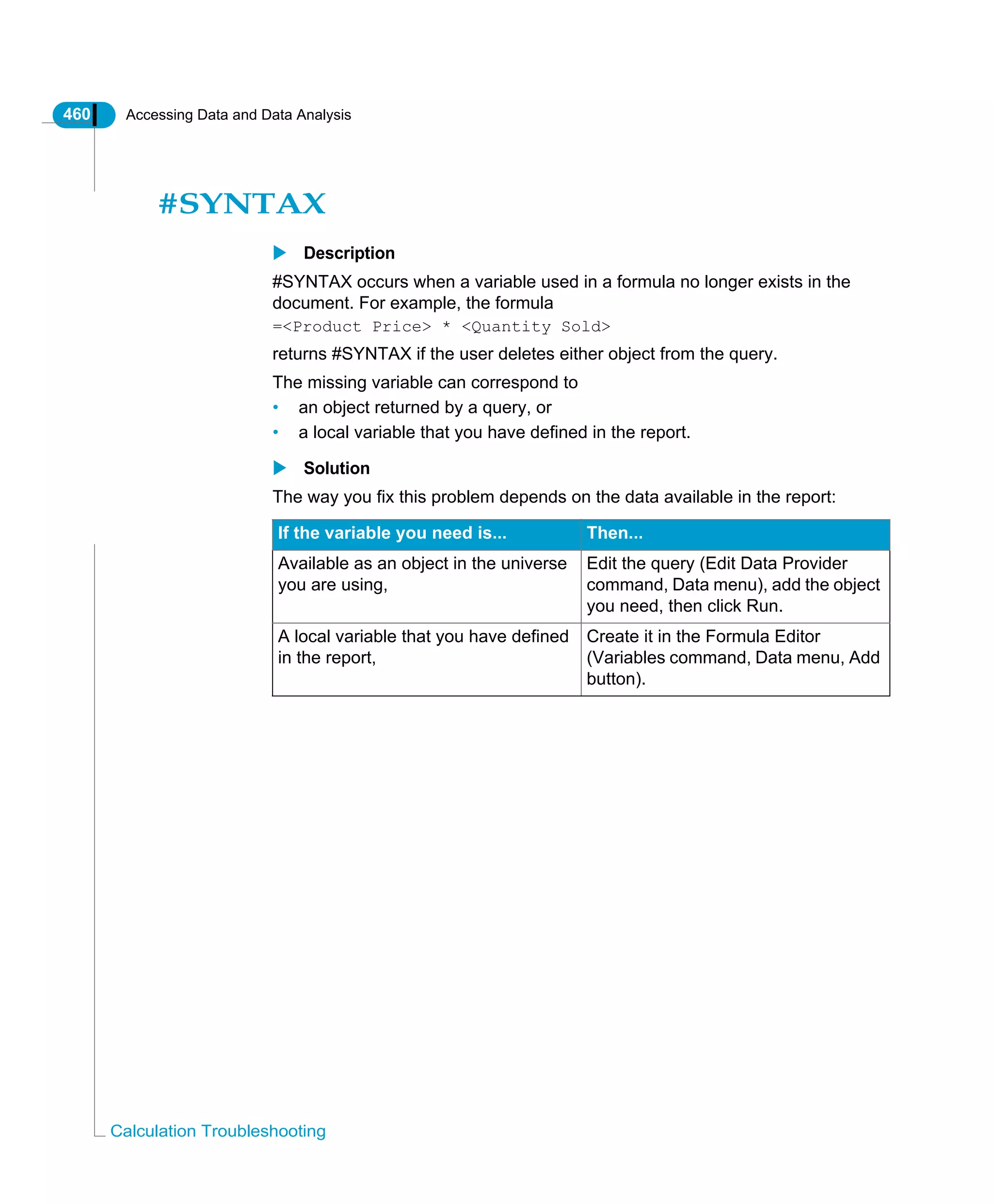 460 Accessing Data and Data Analysis
Calculation Troubleshooting
#SYNTAX
Description
#SYNTAX occurs when a variable used in a formula no longer exists in the
document. For example, the formula
=<Product Price> * <Quantity Sold>
returns #SYNTAX if the user deletes either object from the query.
The missing variable can correspond to
• an object returned by a query, or
• a local variable that you have defined in the report.
Solution
The way you fix this problem depends on the data available in the report:
If the variable you need is... Then...
Available as an object in the universe
you are using,
Edit the query (Edit Data Provider
command, Data menu), add the object
you need, then click Run.
A local variable that you have defined
in the report,
Create it in the Formula Editor
(Variables command, Data menu, Add
button).
 