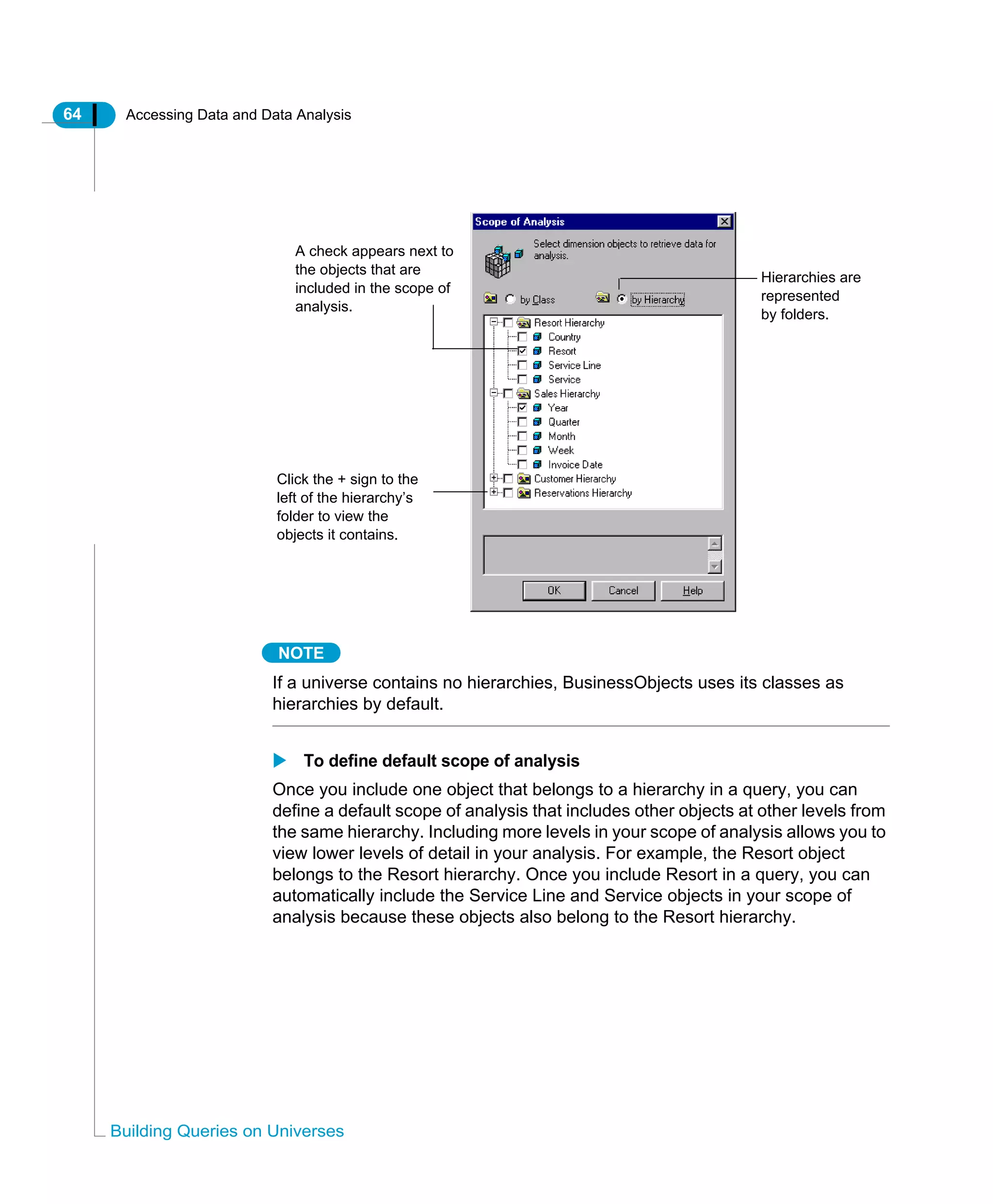 64 Accessing Data and Data Analysis
Building Queries on Universes
NOTE
If a universe contains no hierarchies, BusinessObjects uses its classes as
hierarchies by default.
To define default scope of analysis
Once you include one object that belongs to a hierarchy in a query, you can
define a default scope of analysis that includes other objects at other levels from
the same hierarchy. Including more levels in your scope of analysis allows you to
view lower levels of detail in your analysis. For example, the Resort object
belongs to the Resort hierarchy. Once you include Resort in a query, you can
automatically include the Service Line and Service objects in your scope of
analysis because these objects also belong to the Resort hierarchy.
A check appears next to
the objects that are
included in the scope of
analysis.
Click the + sign to the
left of the hierarchy’s
folder to view the
objects it contains.
Hierarchies are
represented
by folders.
 